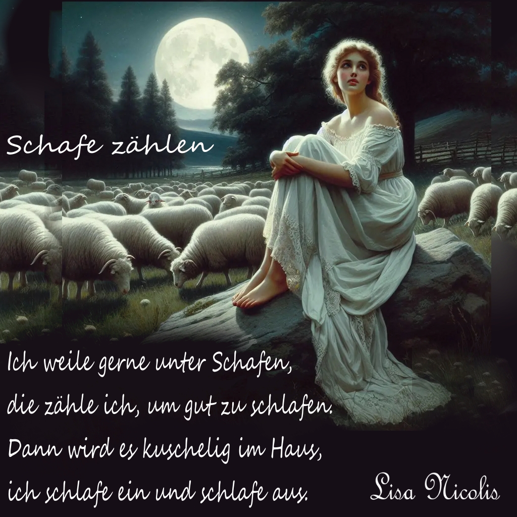 Bildgedicht: Schafe zählen (Bild von mir mit KI erstellt)