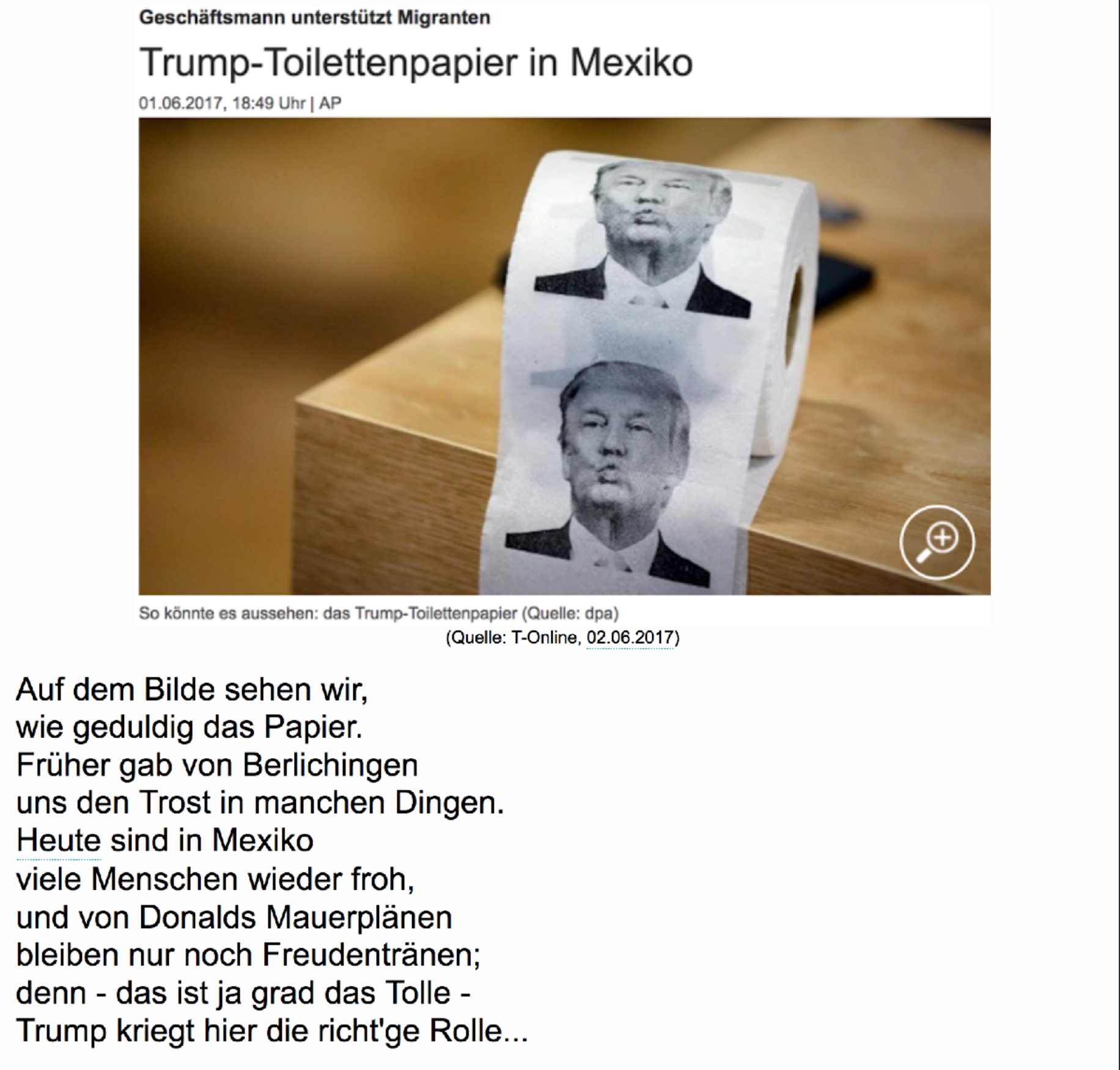 Bildgedicht: Trump-Toilettenpapier in Mexico